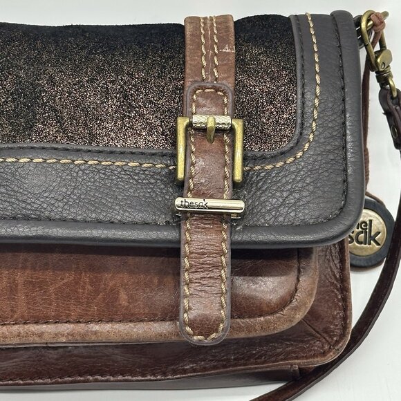 The Sak Leather Tri-Color Adjustable Crossbody Bag Metallic Buckle Boho Purse - Picture 2 of 13